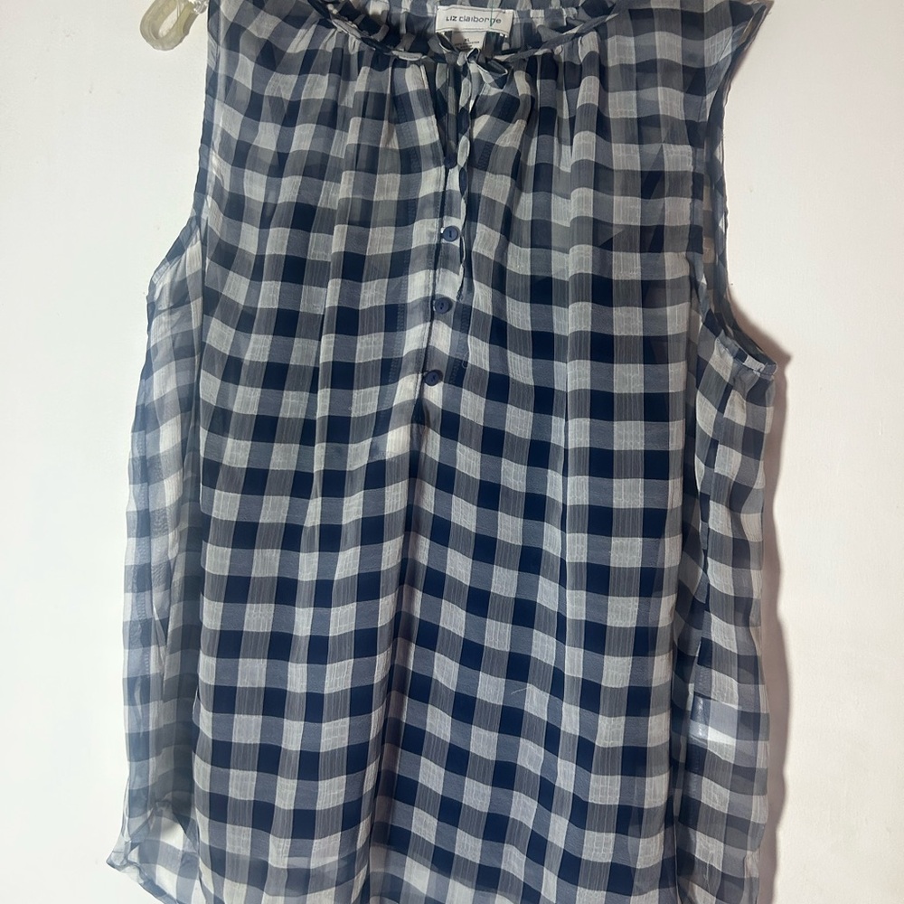 Liz Claiborne XL  Navy and White Plaid Top PREPPY Peasant With separate Lining
